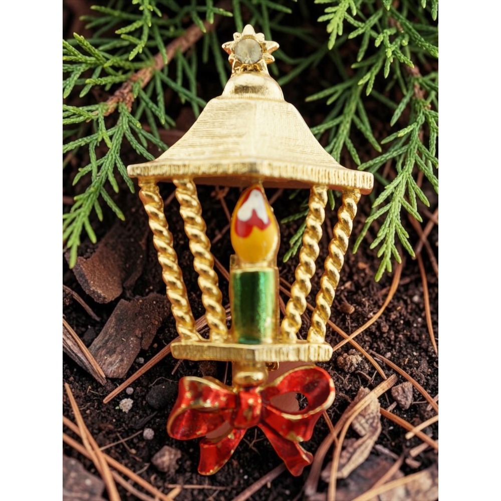 Lantern Brooch Gold Tone Christmas Candle Red Bow Pin